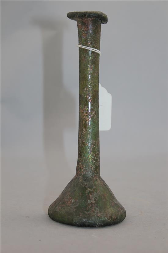 A Roman green glass unguentarium, c.2nd century AD, 18cm